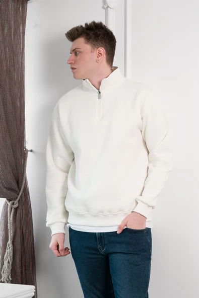 Yarım Fermuarlı Dik Yaka 3 İplik İçi Polarlı Oversize Kışlık Sweatshirt - 12