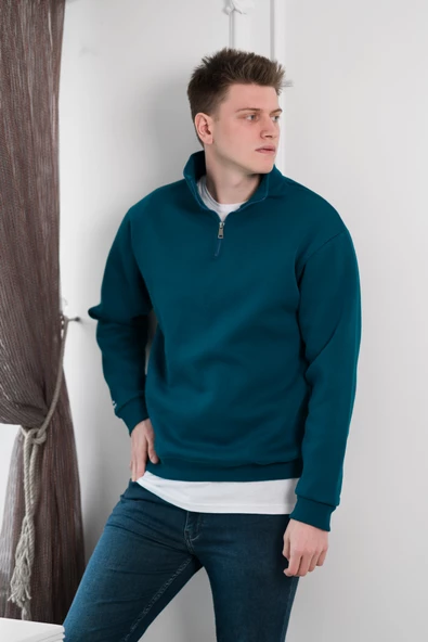 Yarım Fermuarlı Dik Yaka 3 İplik İçi Polarlı Oversize Kışlık Sweatshirt - 4