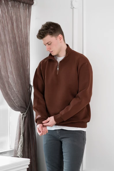 Yarım Fermuarlı Dik Yaka 3 İplik İçi Polarlı Oversize Kışlık Sweatshirt - 9