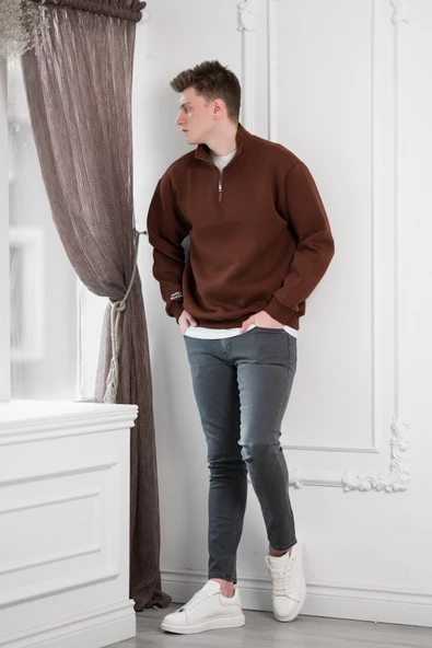 Yarım Fermuarlı Dik Yaka 3 İplik İçi Polarlı Oversize Kışlık Sweatshirt - 6