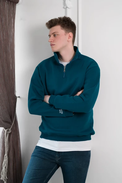 Yarım Fermuarlı Dik Yaka 3 İplik İçi Polarlı Oversize Kışlık Sweatshirt - 3