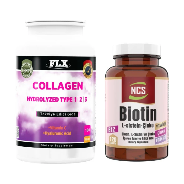 FLX Collagen Kollajen Tip 1-2-3 Hyaluronik Asit Vitamin C 180 Tablet+Biotin 120 Tablet ürün görseli
