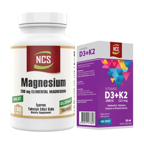 Magnesium Malat Glisinat Taurat 180 Tablet+Vitamin D3 K2 20 ml