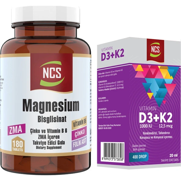 Ncs Magnezyum Zma Magnesium Çinko Vitaminb6 Folic Acid 180 Tablet+Vitamin D3 K2 20 ml