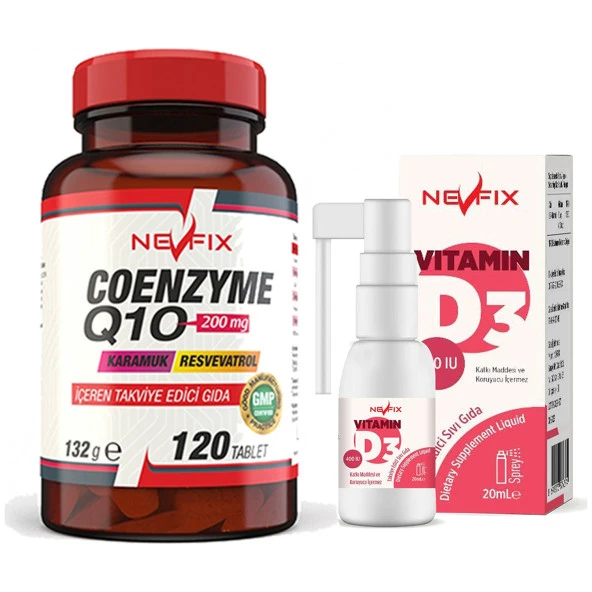 Nevfix Coenzyme Q10 200 Mg Koenzim Resveratrol Q10 Karamuk 120 Tablet   Vitamin D3 400 Iu 20 ml Sprey (Sıvı)