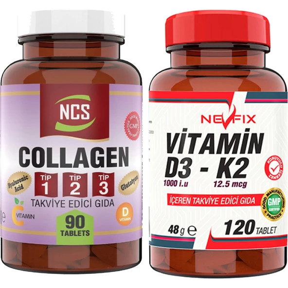 Nevfix Collagen Type (Tip) 1-2-3 Hyaluronic Acid Vitamin C Glutatyon 90 Tablet    Nevfix Vitamin D3-K2 120 Tablet ürün görseli