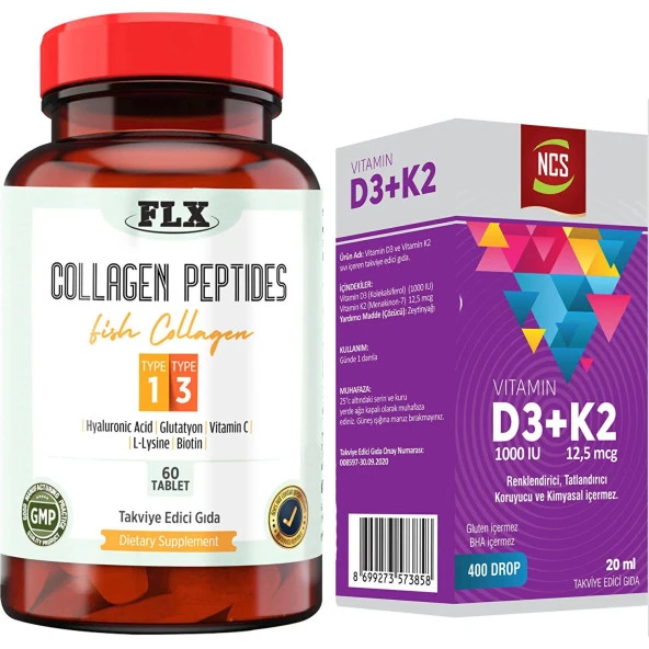 Balık Kollajeni Tip 1-3 Collagen 60 Tablet+Vitamin D3 K2 20 ml