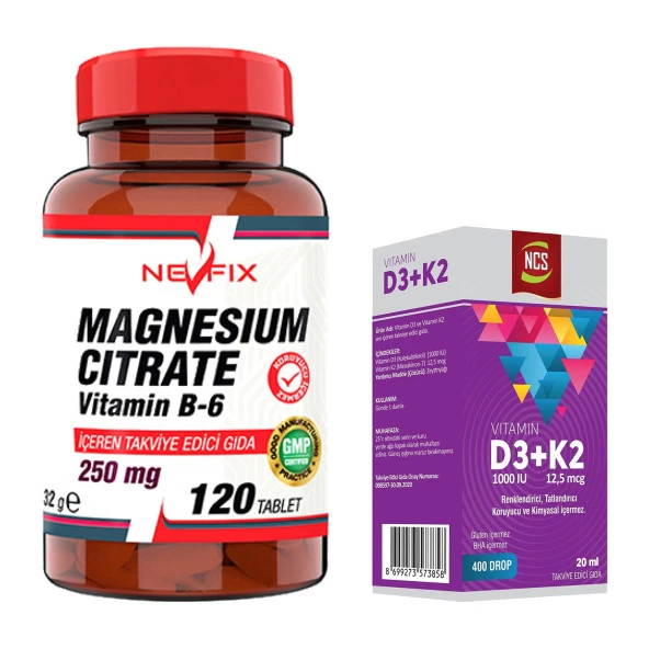 Nevfix Magnesıum Cıtrate Vitamin B-6 120 Tablet    Ncs Vitamin D3 + K2 Damla 20 ml