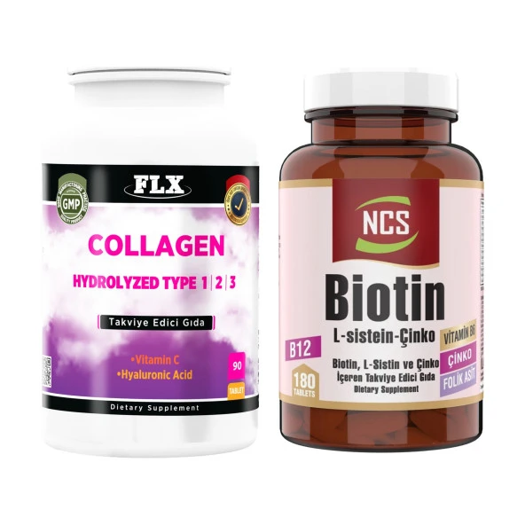 FLX Collagen Kollajen Tip 1-2-3 Hyaluronik Asit Vitamin C 90 Tablet+Biotin 180 Tablet