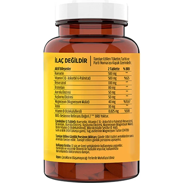 FLX Quercetin Complex Kuersetin Ester C Vitamin D Aserola Rutin Resveratrol Magnezyum Bromelain 120 Tablet - 2