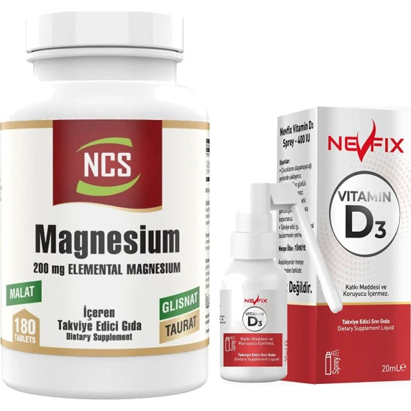 Ncs Magnesium Malat Taurat Glisinat Element Formül 180 Tablet Nevfix Vitamin D3 Sıvı Sprey