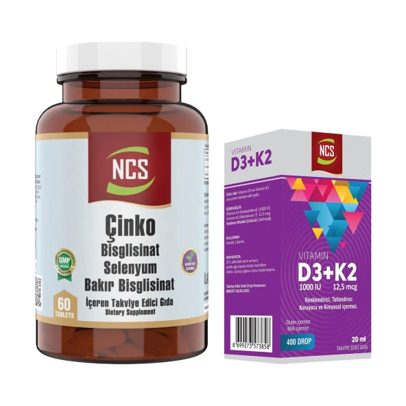 Ncs Çinko Bisglisinat Selenyum Bakır 60 Tablet   Ncs Vitamin D3 + K2 Damla 20 ml