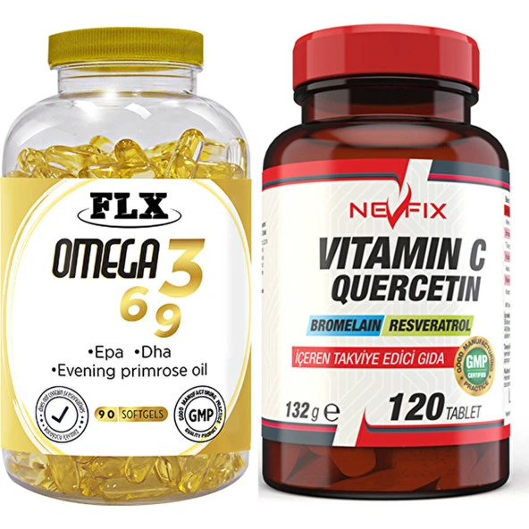 Flx Omega 3-6-9 Balık Yağı 90 Softgel   Nevfix Vitamin C Quercetin Bromelain 120 Tablet