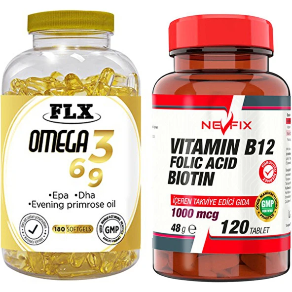 Flx Omega 3-6-9 Balık Yağı 180 Softgel   Nevfix Vitamin B12 1000 Mcg 120 Tablet