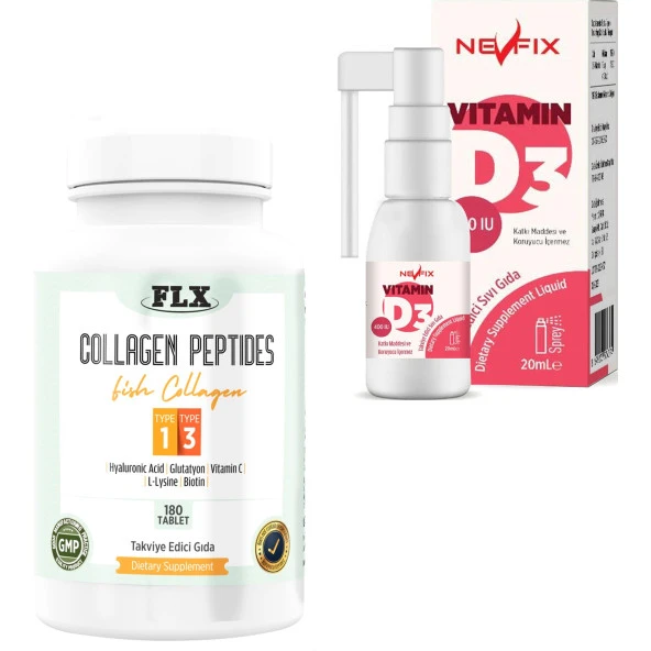 Flx  Collagen Peptıdes Type 1-3 1000 Mg 180 Tablet + Nevfix Vitamin D3 400 Iu 20 ml Sprey ürün görseli