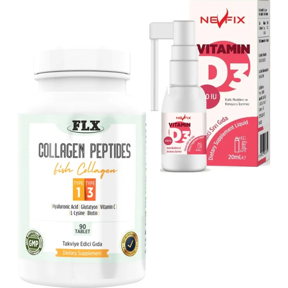 Nevfix Vitamin D3 400 Iu 20 ml Sprey + Flx Collagen Peptıdes Type 1-3 1000 Mg 90 Tablet ürün görseli