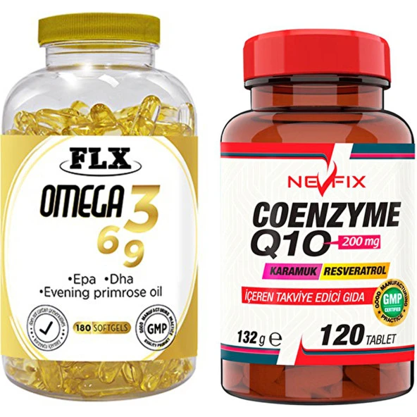 Flx Omega 3-6-9 Balık Yağı 180 Softgel  Nevfix Coenzyme Q10 200 Mg Koenzim Karamuk 120 Tablet