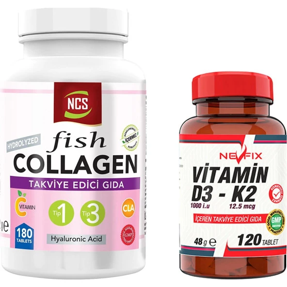 Nevfix Balık  Type 1-3 Çinko Collagen Hyaluronic Acid 180 Tablet   Nevfix Vitamin D3-K2 120 Tablet