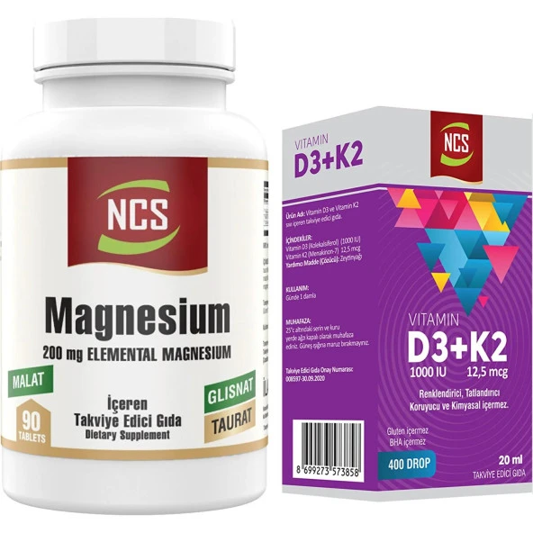 Magnezyum Elementleri Magnesium Malat Glisinat Taurat 90 Tablet+Vitamin D3 K2 20 ml