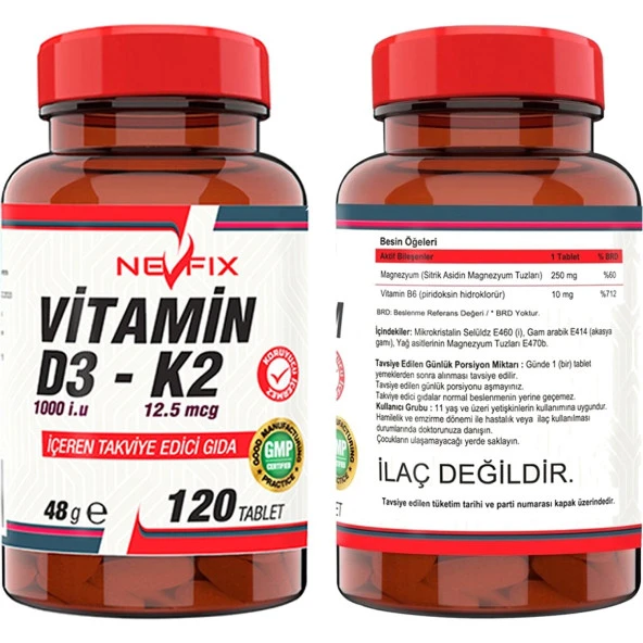Ncs Calcium Magnesium Çinko   Nevfix Vitamin D3-K2 120 Tablet - Resim 2