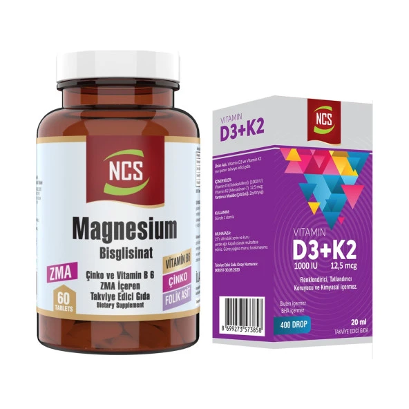 Ncs Magnezyum Zma Magnesium Çinko Vitaminb6 Folic Acid 60 Tablet+Vitamin D3 K2 20 ml