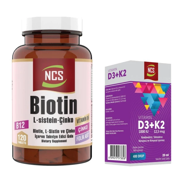 Ncs Biotin L Sistein Çinko Vitamin B1-B2-B5-B6 Folik Asit 120 Tablet   Ncs Vitamin D3 + K2 Damla 20 ml ürün görseli