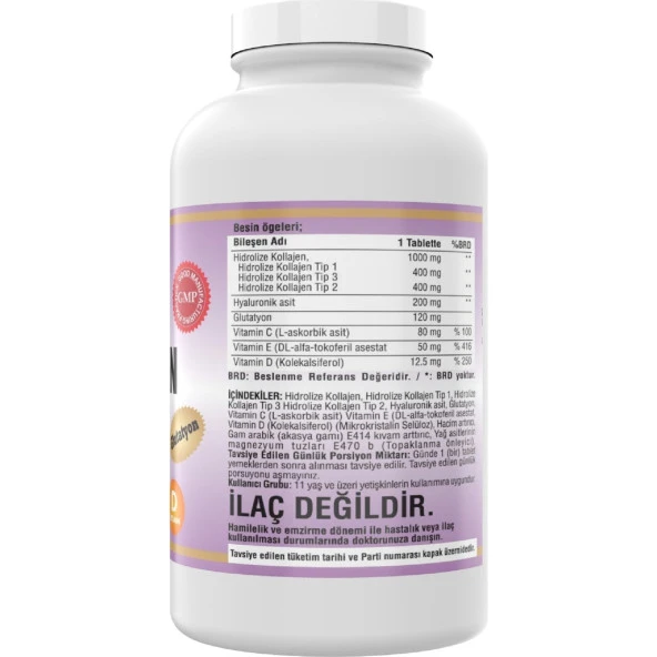 Ncs 300 Tablet Hidrolize Collagen () Type (Tip) 1-2-3 Hyaluronic Acid Vitamin C Glutatyon - Resim 2