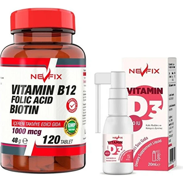 Nevfix Vitamin B12 Folic Acid Biotin 1000 Mcg 120 Tablet + Nevfix Vitamin D3 Sıvı Sprey