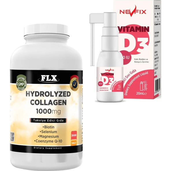Flx Collagen Coenzyme Selenium Biotin Magnesium 300 Tablet + Nevfix Vitamin D3 400 Iu 20 ml Sprey