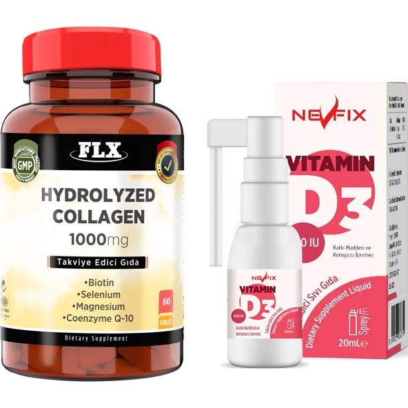Flx Collagen Coenzyme Selenium Biotin Magnesium 60 Tablet + Nevfix Vitamin D3 400 Iu 20 ml Sprey