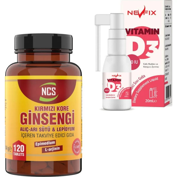 Nevfix Kırmızı Kore Ginseng 120 Tablet Nevfix Vitamin D3 400 Iu Sprey 20 ml