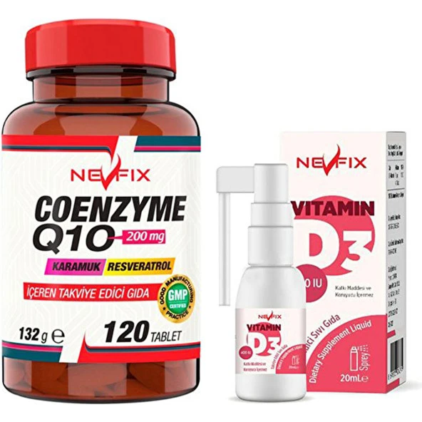 Nevfix Coenzyme Q10 200 Mg Koenzim Resveratrol Q10 Karamuk 120 + Nevfix Vitamin D3 400 Iu 20 ml Sprey ürün görseli