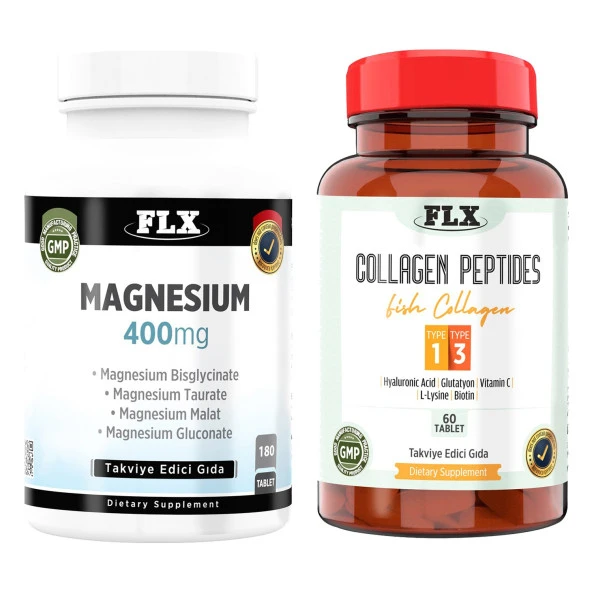 Flx Magnesium Bisglisinat Malat Taurat Glukonat 180 Tablet   Collagen Peptides Tip 1-3 Balık Kolajeni 60 Tablet