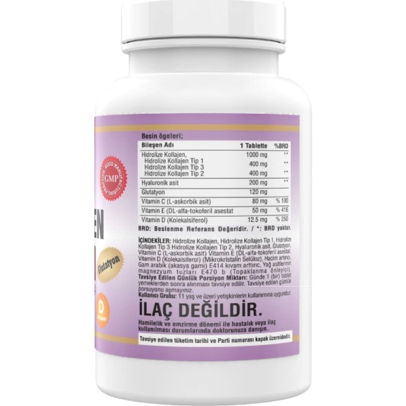 Ncs 180 Tablet Hidrolize Collagen () Type (Tip) 1-2-3 Hyaluronic Acid Vitamin C Glutatyon - Resim 2