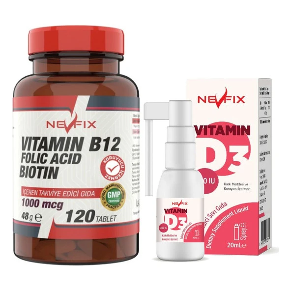 Nevfix Vitamin B12 Folic Acid Biotin 1000 Mcg 120 Tablet    Vitamin D3 400 Iu 20 ml Sprey (Sıvı)