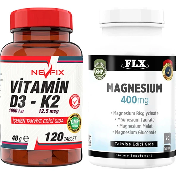 Nevfix Magnesium Bisglisinat Malat Taurat Glukonat   Nevfix Vitamin D3-K2 120 Tablet ürün görseli