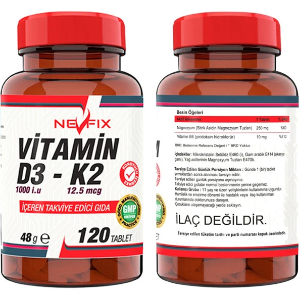 Nevfix Magnesium Bisglisinat Malat Taurat Glukonat   Nevfix Vitamin D3-K2 120 Tablet - Resim 3