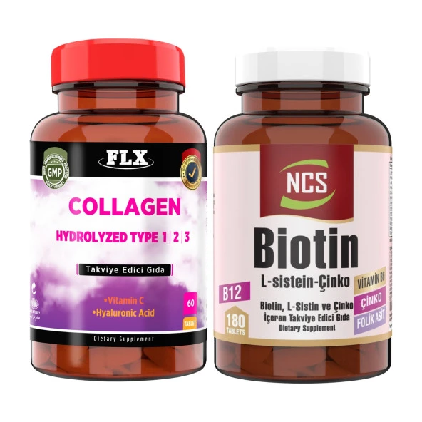 Collagen Kollajen Tip 1-2-3 Hyaluronik Asit Vitamin C 60 Tablet+Biotin 180 Tablet