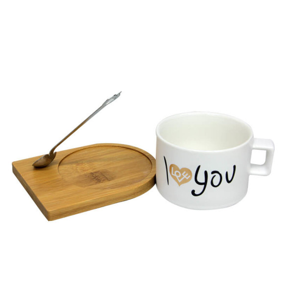 Kupa Bardak Kahve Kupası Love Kaşıklı Ahşap Altlık Mıkantıslı - 4
