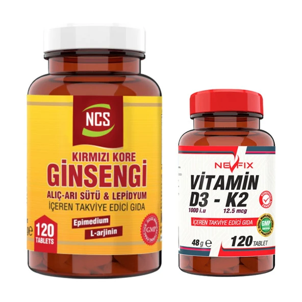 Nevfix Korean Red Ginseng 120 Tablet Alıç Arı Sütü L Arginin Erkeklere Özel Formül   Nevfix Vitamin D3-K2 120 Tablet