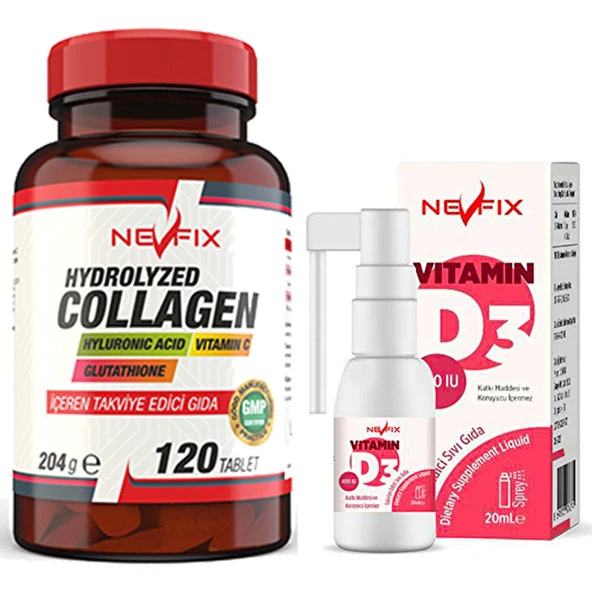 Nevfix Hydrolyzed Collagen Vitamin C Glutathione 120 Tablet  Nevfix Vitamin D3 Sıvı 20 ml - Resim 2