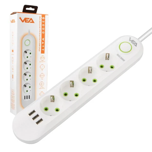 Vea VA-21560 4'Lü 3 USB'li 1.5 Metre Akım Korumalı Priz Beyaz - 8
