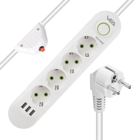 Vea VA-21560 4'Lü 3 USB'li 1.5 Metre Akım Korumalı Priz Beyaz - 5