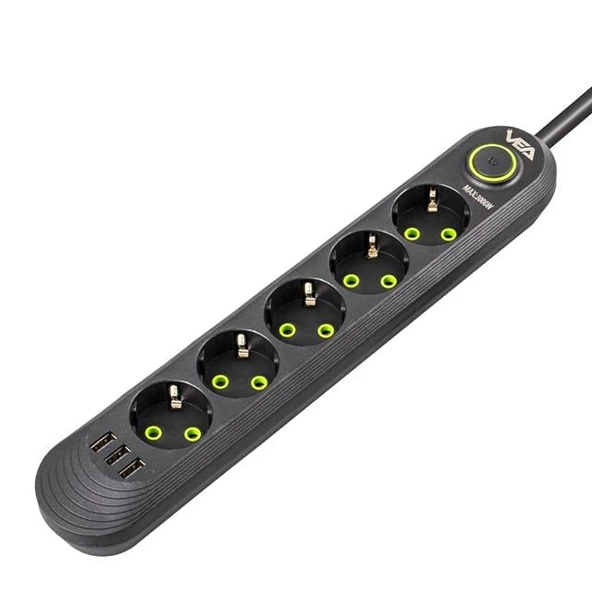 Vea VA-21561 5'Li 3 USB'li 1.5 Metre Akım Korumalı Priz Siyah - 8