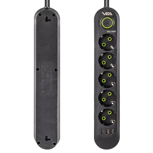 Vea VA-21561 5'Li 3 USB'li 1.5 Metre Akım Korumalı Priz Siyah - 6