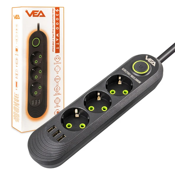 VEA VA-21557 3LÜ 1.5 METRE KABLOLU 3 USBLİ SİYAH AKIM KORUMALI PRİZ - 4