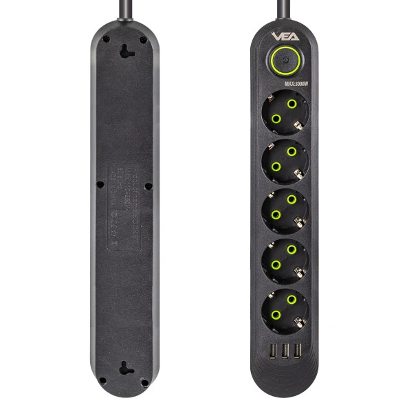 Vea VA-21561 5'Li 3 USB'li 1.5 Metre Akım Korumalı Priz Siyah - 2