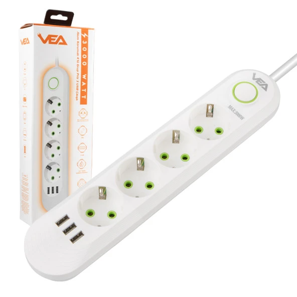 Vea VA-21560 4'Lü 3 USB'li 1.5 Metre Akım Korumalı Priz Beyaz - 4