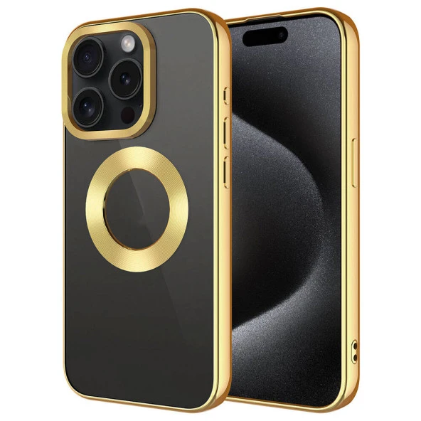 KNY Apple İphone 15 Pro Kılıf Renkli Kenarlı Arkası Şeffaf Logo Açık Omega Silikon Gold