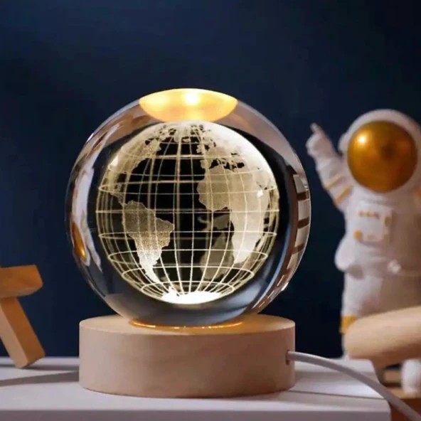 Ekvator Dünya Tasarımlı Ahşap Altlıklı Işıklı Küçük Boy Cam Küre
